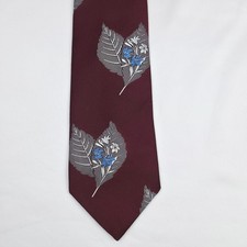 Wemlon by Wembley Tie Maroon Blue Floral Silver Leaf Wide Ventage Mens Necktie