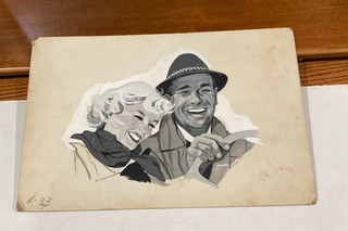 Orignal Artwork 1950s Gouache on Board Husband & Wife Enjoying a Car Ride