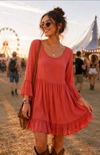 Indigo Soul Terracotta Lace Back Ruffle Hem Babydoll Dress Medium Rust Boho