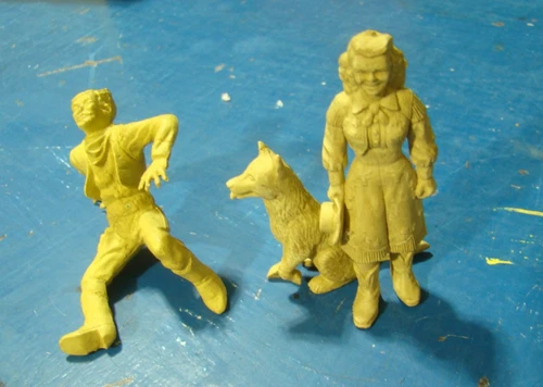 Marx Roy Rogers Playset Figures, Falling Cowboy,  Dale Evans & Dog Bullet