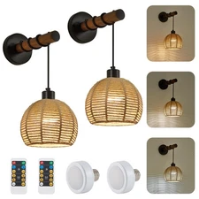 Battery Operated Cordless Wall Sconces Set of 2, Hemp Rope Battery Powered Wa...