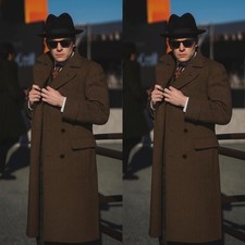 Brown Herringbone Men's Long Overcoat Tweed Double Breasted Men Long Jackets