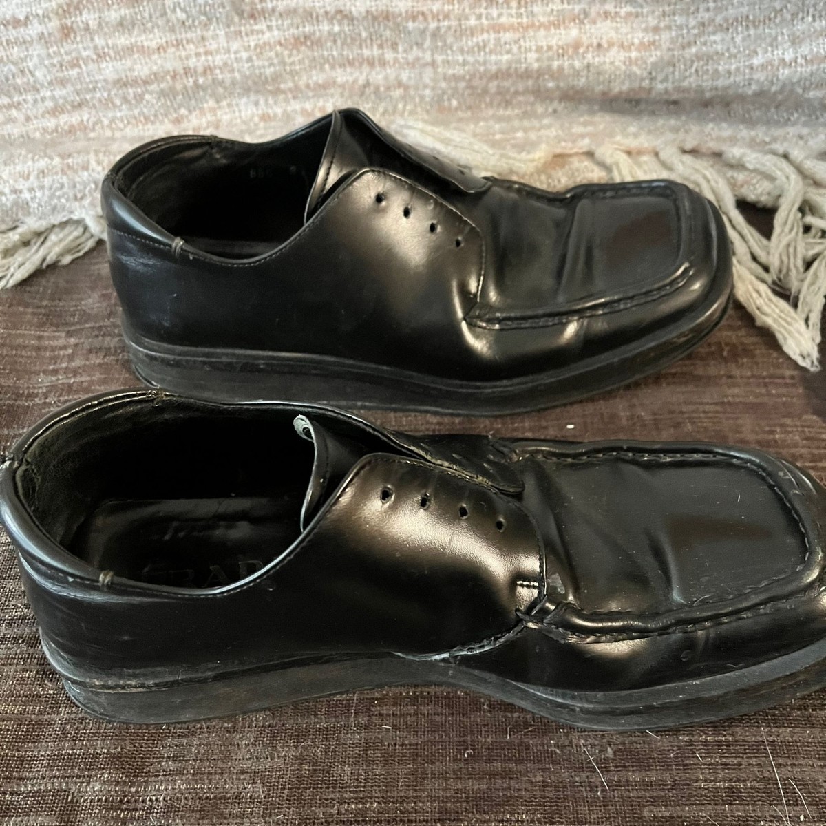 Vintage PRADA Men's Black Square Toe Lace Up Oxford Derby Euro