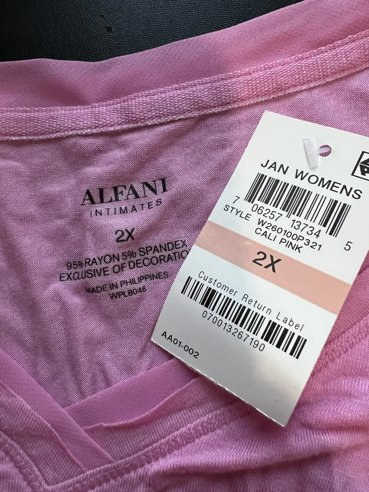 Camisa Alfani Intimates Mujer 2X Rosa Manga Larga Cuello en V Bolsillo Salón Suave Foto 2 de 4
