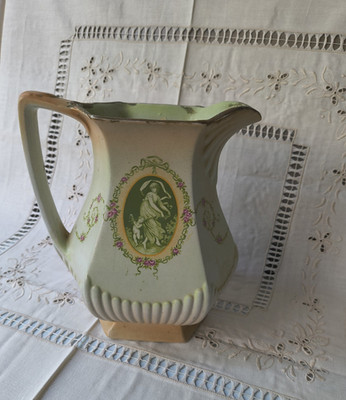 Ceramic Pitcher Light Green Cream Gold Hexagonal Classical Scene Pottery 5710