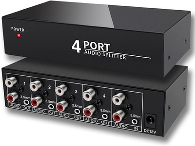 3.5mm Aux + RCA L/R Audio Splitter 1 in 4 Out Stereo Analog Black 
