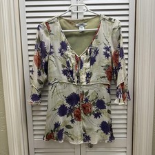 Nine West Dress Womens 2 Floral Silk Puff Sleeve V Neck Ruffle Boho Spring Tie