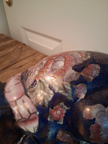 Ancien chat dormeur asiatique 9,5" porcelaine céramique dorée fleurie peinte main - Photo 3/14
