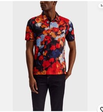 TED BAKER Darly Short Sleeve Regular Linen Floral Printed Polo Shirt Men  s 4/L