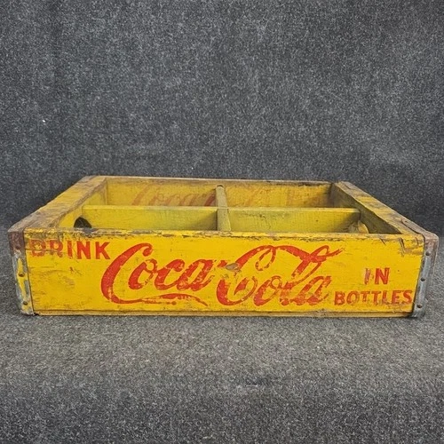 Vintage wood Coke Coca Cola crate yellow 6 pack bottle carrier.