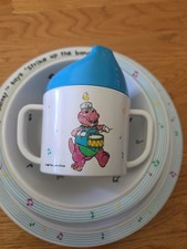 Vintage 1992 Barney mówi "Strike Up the Band" Dzieci 2 talerze 2 miski Sippy Cup