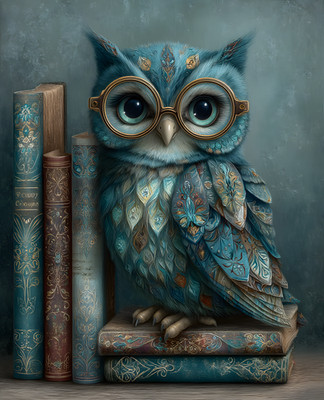 8x10 Blue Owl with Glasses Sitting on Stack of Books Art Print - 248868551