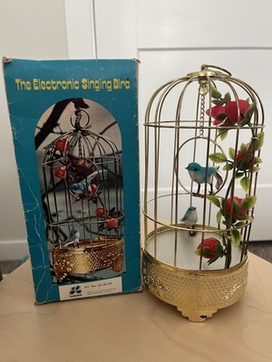Vintage Leewards Electronic Singing Bird Cage Gold Tone Retro 1970s Toy W/ Box