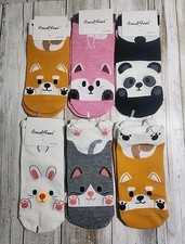 Road Feel Cotton Fun Socks 6 Pair Animal Prints Bunny Cat Dog Panda NEW With Tag
