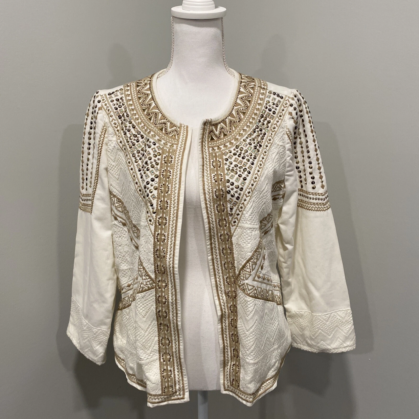 OFF WHITE Giacca Chicos impreziosita taglia 1 beige marrone bianco sporco perline gioiello pizzo