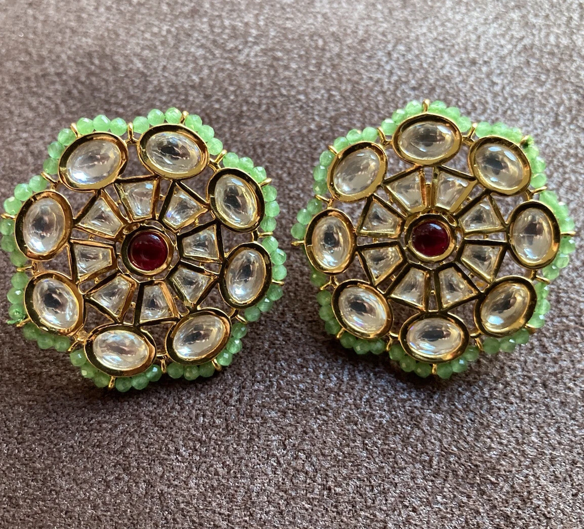 Indian Ethnic Earrings Round Stud Kundan Earrings With Small Green Beads