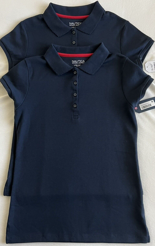 Nautica Girls Navy Blue Interlock School Uniform Short Sleeve Shirt Sz 12/14