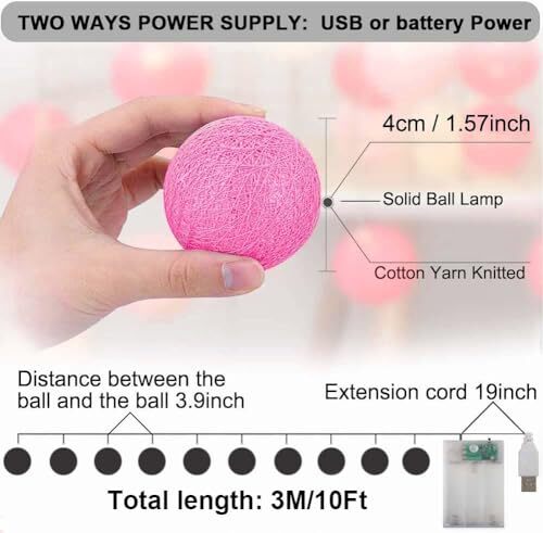 Cotton Ball String Lights, 3M/10FT 20 LED Cotton Ball Lights, USB or 4CM Pink - Picture 4 of 7