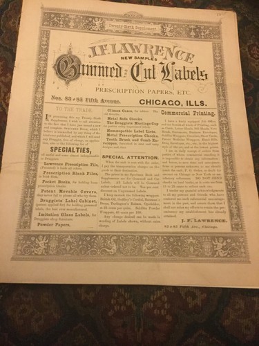 Ca 1890 J.F. Lawrence Gummed And Cut Labels Prescription Papers Etc New Samples