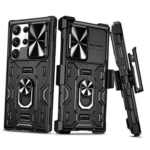 for Galaxy S23 Ultra Case with Kickstand, Slide Camera Cover & Rugged Black