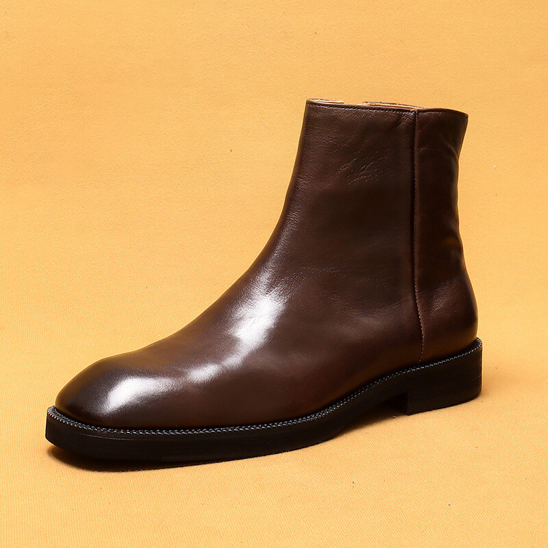 靴 vintage boots Genuine Leather British Retro Knight Men Square Toe Zip