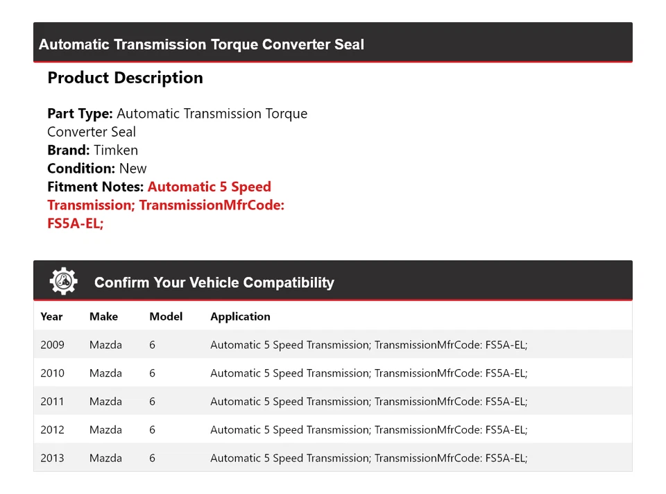 Sello convertidor de par de transmisión automática Timken 2010 para Mazda 6 2009-2013 Foto 2 de 4