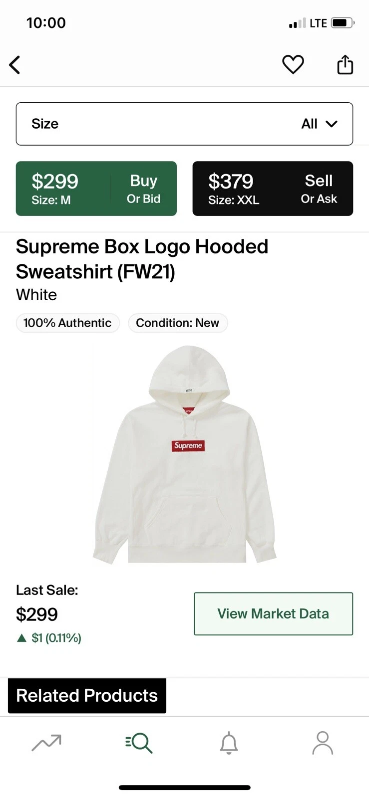 SWEAT SHIRT À CAPUCHE SUPREME FW21 BOÎTE LOGO BLANC M *EN MAIN*