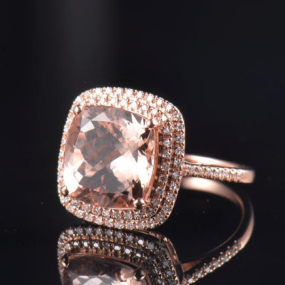 Natural Cushion Pink Morganite Diamond Engagement Halo Ring Solid