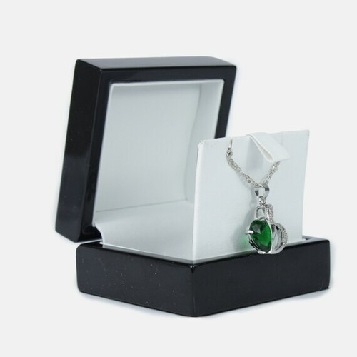 WHITE GOLD FINISH Created Diamond Emerald Double Interlocking Heart Pendant - Picture 3 of 7