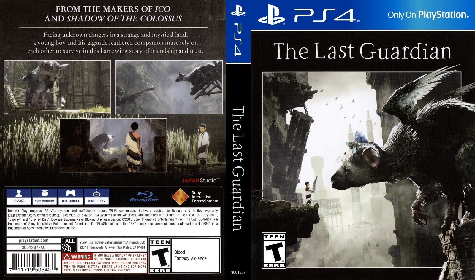  The Last Guardian PS4 Replacement Box Art Case Insert Cover Only