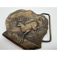 Vintage 1976 Brass Deer Belt Buckle Hunting Scene Wilderness