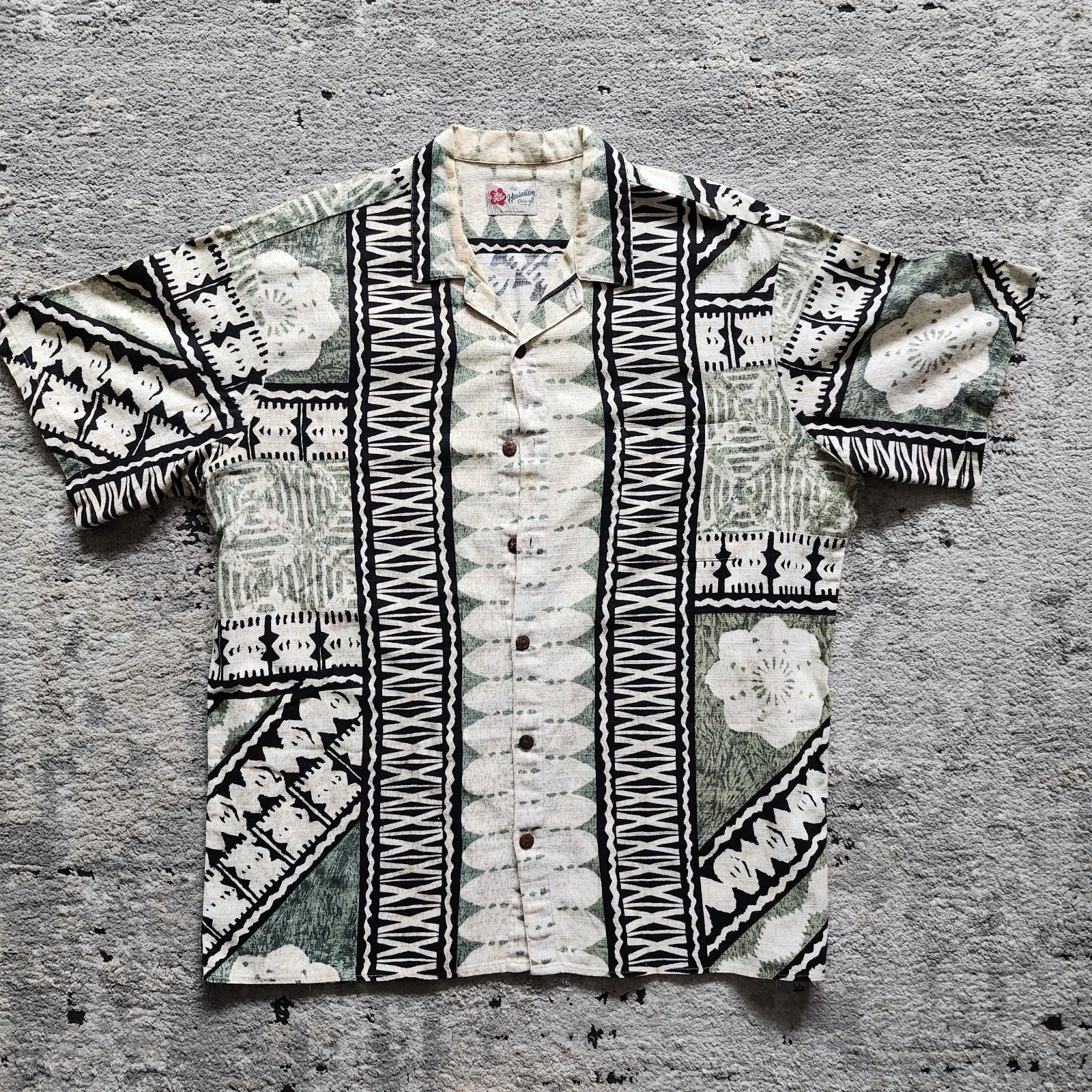 Vintage Hilo Hattie Hawaiian Shirt 2XL Men Green Tribal Geometric Cotton Hawaii