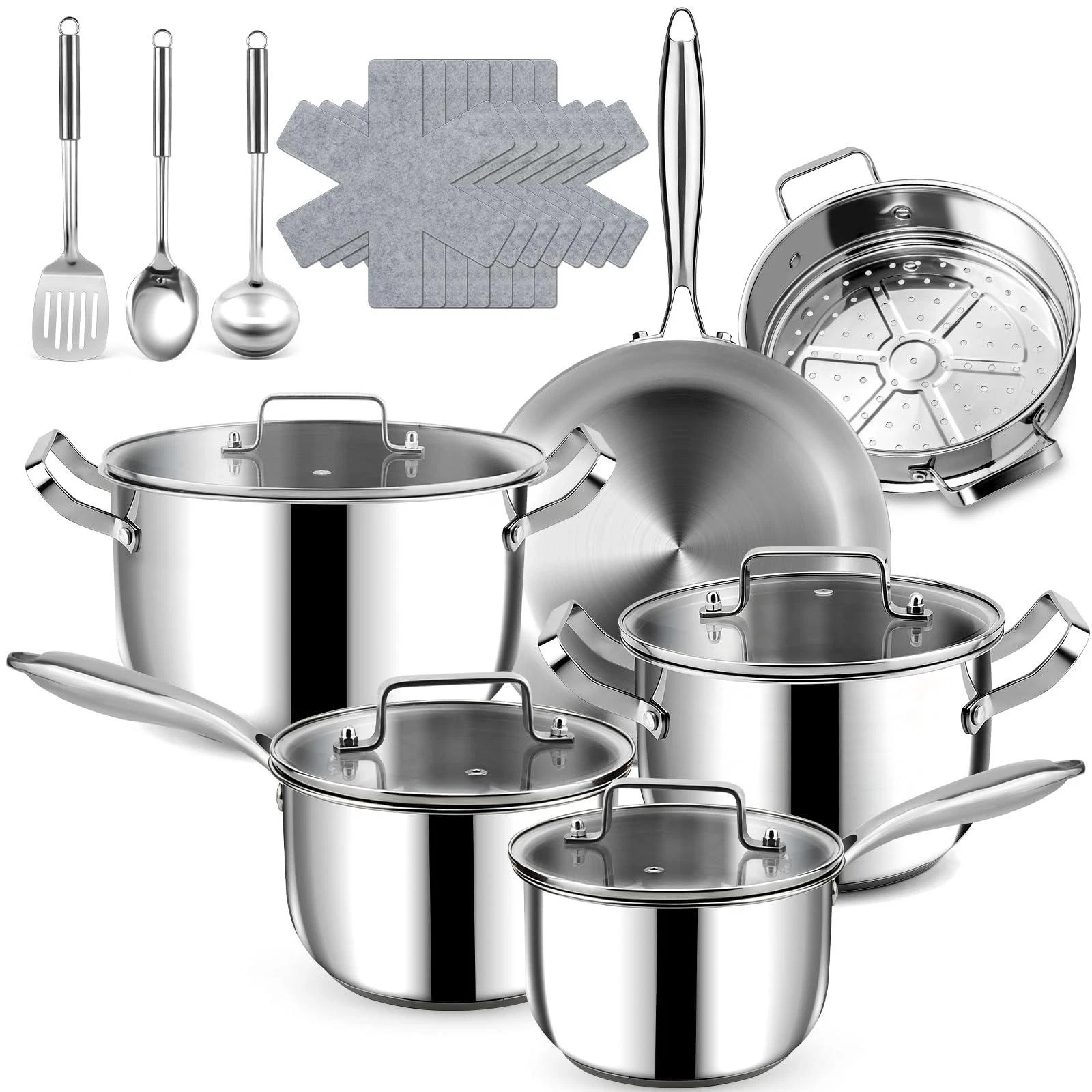 Fruikit Stainless Steel Cookware Set - 20 PCS Pots and Pans Set with 3-Ply Stain