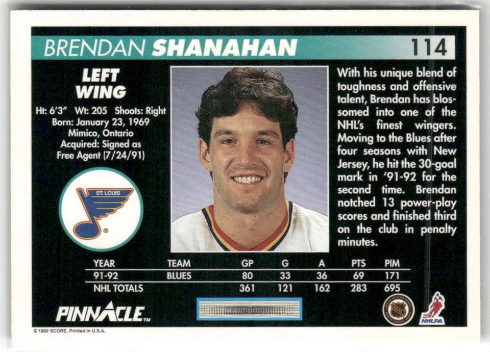1992-93 PINNACLE #114 BRENDAN SHANAHAN ST. LOUIS BLUES - Image 2 of 2
