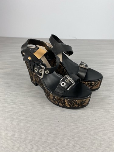 ZARA BASIC Size 7.5 Black Leather Lace Platform Sandal Heel Wedge Buckle