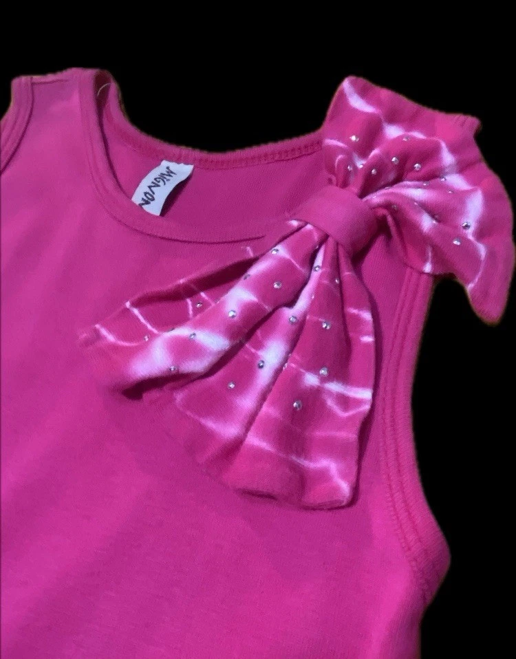 VESTIDO MIGNONE TALLA 5 NIÑAS FUCSIA ALGODÓN SUAVE ~ LAZO GRANDE COLORIDO Y PARTE INFERIOR CON VOLANTES Foto 2 de 4