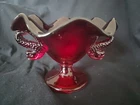 Vintage Fenton Ruby Double Dolphin Handled Footed Compote / Vase / Bon Bon