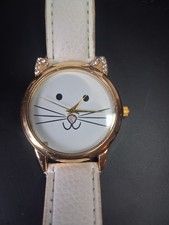 Vintage Gold Tone Crystal Cat Face Watch White Faux Leather Strap Novelty