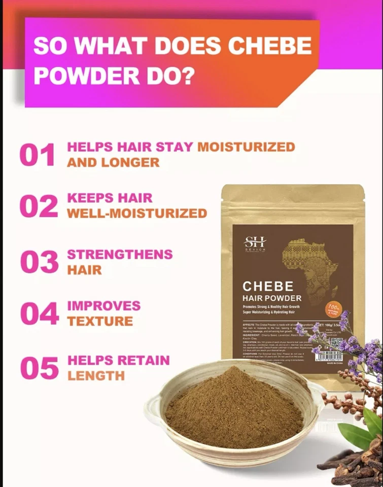 Polvo Chebe africano 100 g 100 % ingredientes naturales promueven el crecimiento del cabello stock en EE. UU. Foto 2 de 4