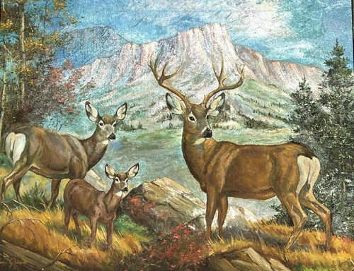 Vintage American Western Oil Painting Landscape Rocky Mountain Mule Deer Buck