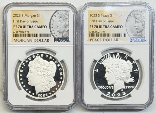 2023 S $1 Morgan & Peace Silver Dollar NGC PF70 Ultra Cameo First Day Of Issue