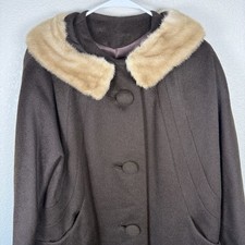 Vintage 1950s 1960s Chocolate Brown Wool Long Dress Coat Mink Fur Collar Union