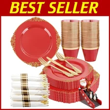 Red & Gold Plastic Plates Set - 175PCS Disposable Dinnerware