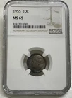 1955 Roosevelt Dime 10c NGC MS 65 Mint State Uncirculated Coin Nice Toning