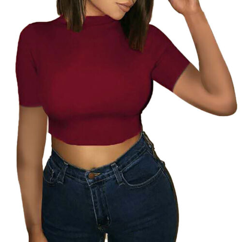 Neu Rundhals Crop Top Slim Fit einfarbig kurzärmeliges T-Shirt für Damen - Bild 3 von 27