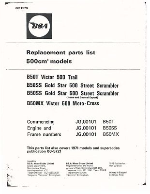 BSA Parts Manual Book 1971, 1972 & 1973 B50MX Victor 500 Moto-Cross