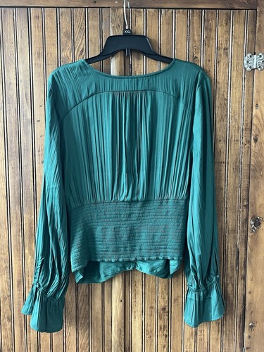 Anthropologie Satin Long Sleeve Top Shirt XL Green Balloon Sleeve V Neck NWT - Picture 3 of 17