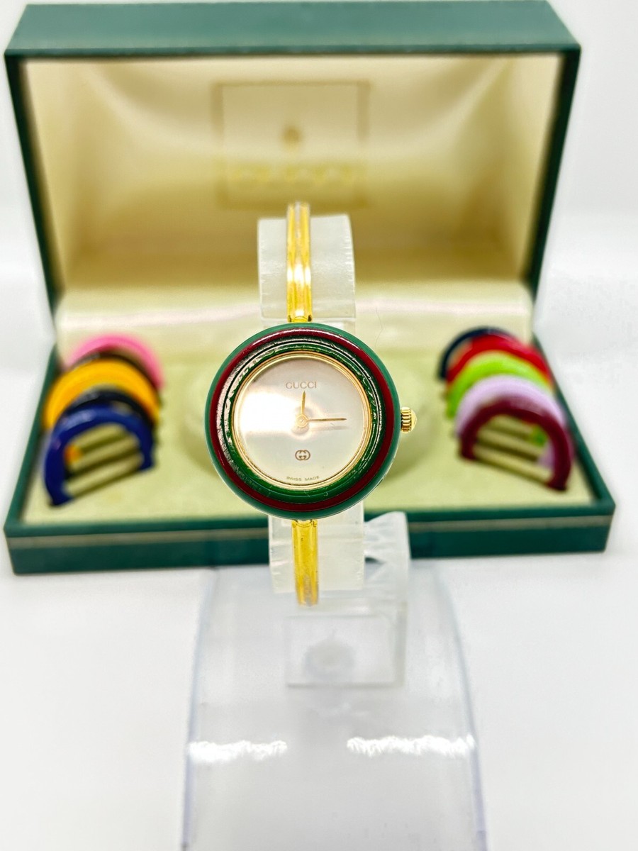 Exc+5 w/Box] GUCCI Change Bezel 11/12 Watch 12 Colors Gold Quartz