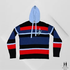 Jw Anderson Anchor Embroidered Stripe Drawstring Hoodie S Denim Blue 100% wool