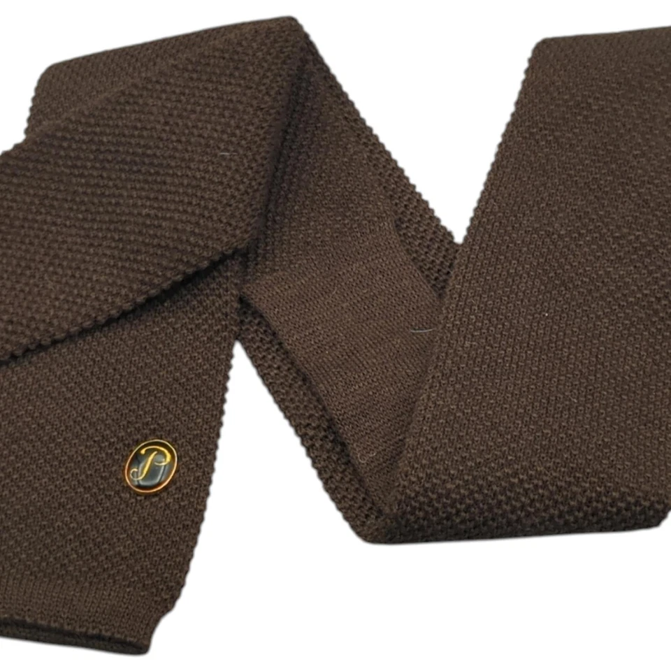 Hand Knit Ties Virgin Wool Brown Square End Narrow Skinny Arnie Vintage Preppy - Image 3 of 4